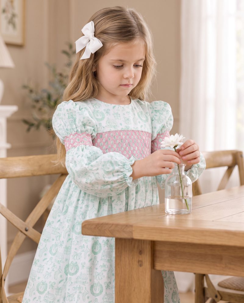 Mint Green Long Sleeve Smocked Girl Clothes