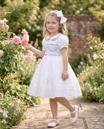 White Floral Embroidery Princess Smocked Dress for Girls