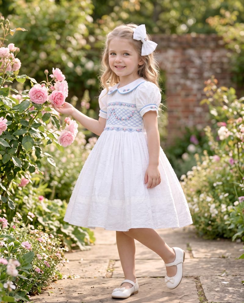 White Floral Embroidery Princess Smocked Dress for Girls