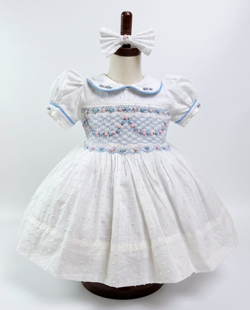 White Floral Embroidery Princess Smocked Dress for Girls