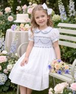White Floral Embroidery Princess Smocked Dress for Girls