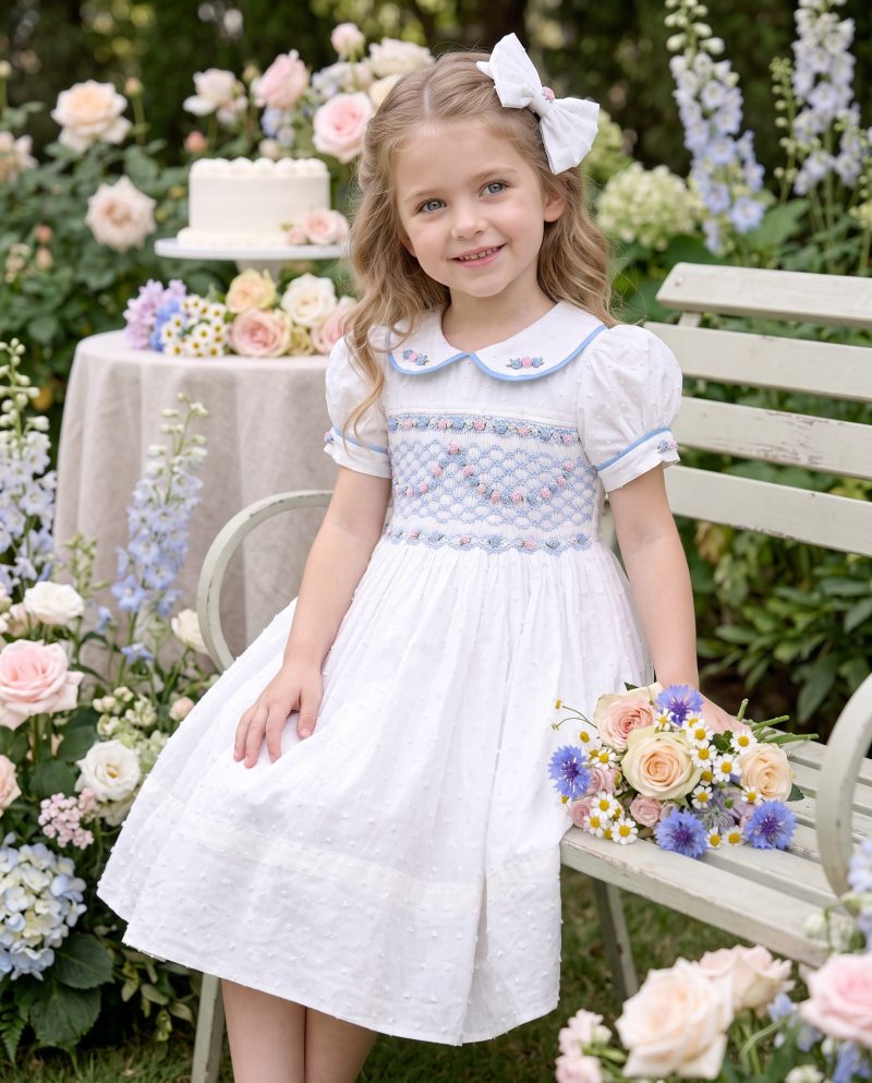 White Floral Embroidery Princess Smocked Dress for Girls