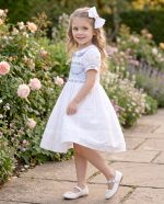 White Floral Embroidery Princess Smocked Dress for Girls