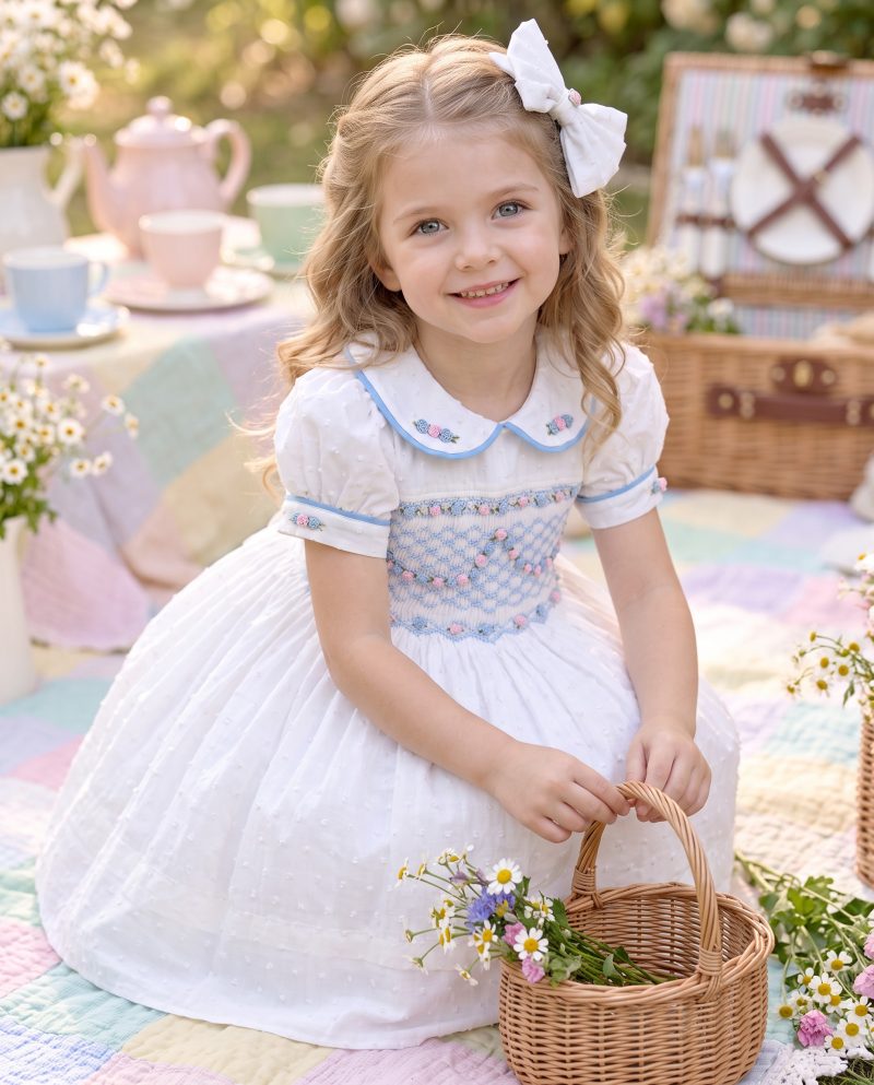 White Floral Embroidery Princess Smocked Dress for Girls