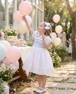 White Floral Embroidery Princess Smocked Dress for Girls