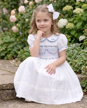 White Floral Embroidery Princess Smocked Dress for Girls