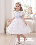 White Floral Embroidery Princess Smocked Dress for Girls