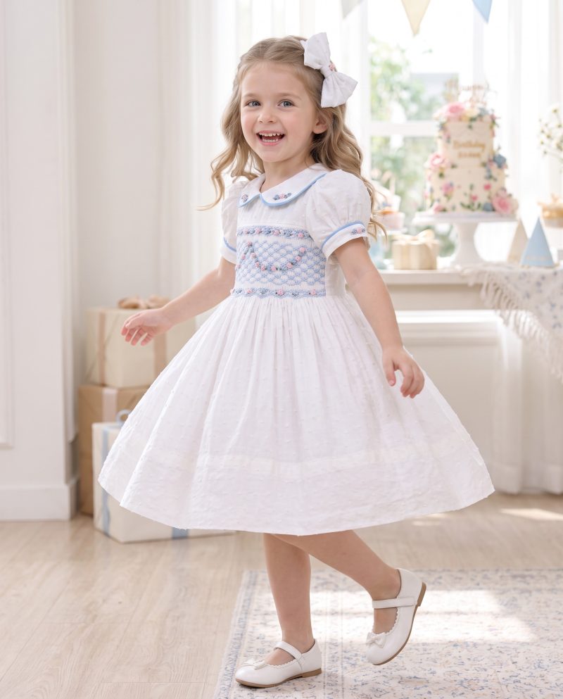 White Floral Embroidery Princess Smocked Dress for Girls