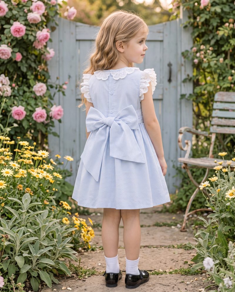 Blue Striped Smocked Dress with Lace Collar