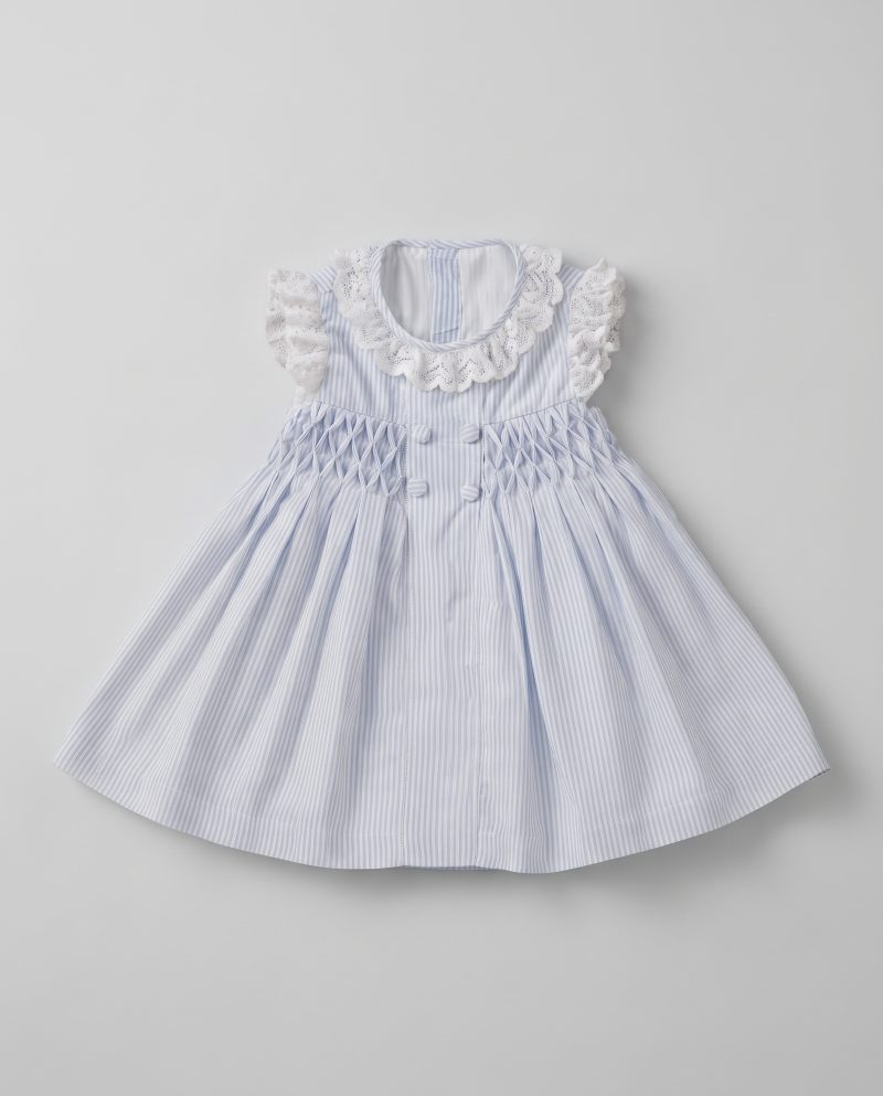 Blue Striped Smocked Dress with Lace Collar