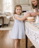 Blue Striped Smocked Dress with Lace Collar