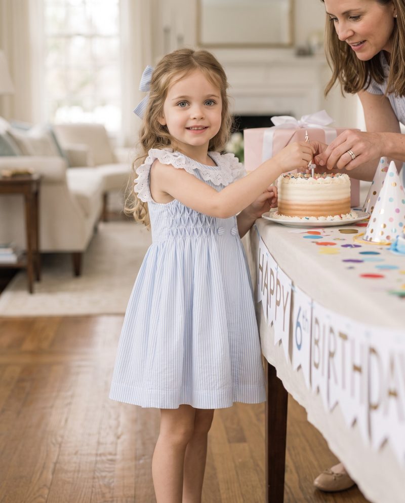 Blue Striped Smocked Dress with Lace Collar