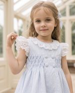 Blue Striped Smocked Dress with Lace Collar