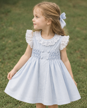 Blue Striped Smocked Dress with Lace Collar