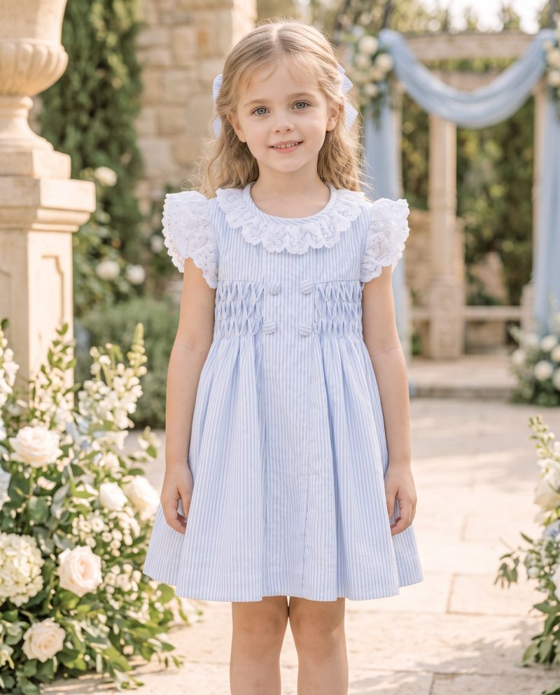 Blue Striped Smocked Dress with Lace Collar