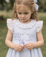 Blue Striped Smocked Dress with Lace Collar