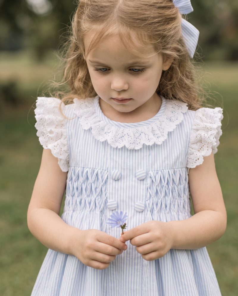 Blue Striped Smocked Dress with Lace Collar