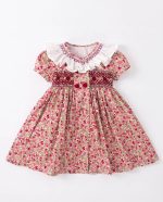 Vintage Floral Ruffle Collar Smocked Dress for Girls