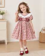 Vintage Floral Ruffle Collar Smocked Dress for Girls