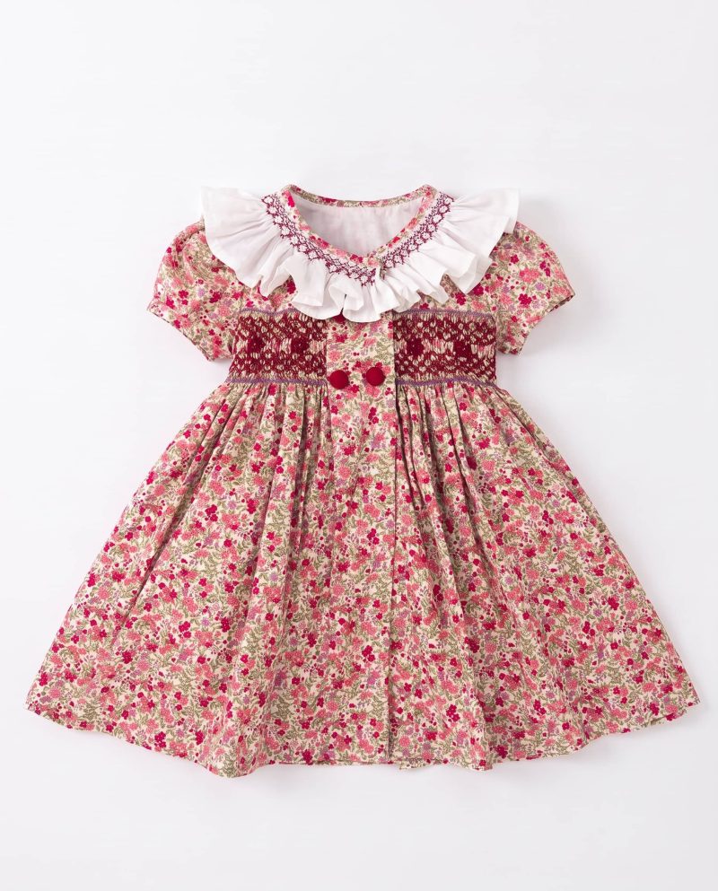 Vintage Floral Ruffle Collar Smocked Dress for Girls