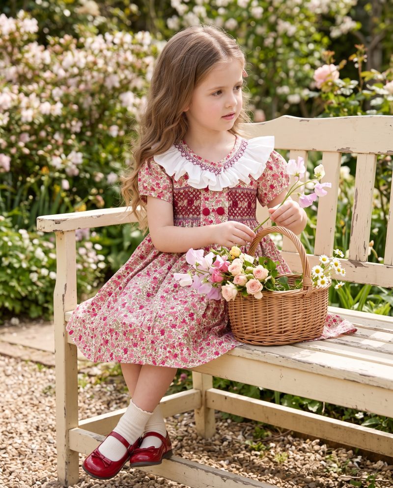 Vintage Floral Ruffle Collar Smocked Dress for Girls