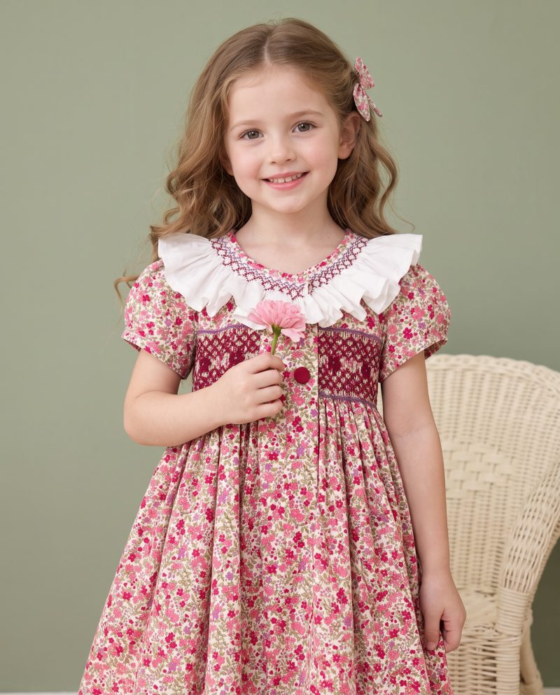 Vintage Floral Ruffle Collar Smocked Dress for Girls