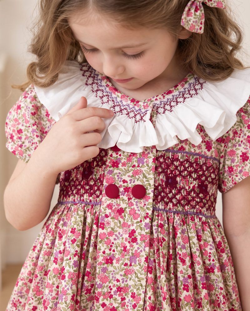Vintage Floral Ruffle Collar Smocked Dress for Girls