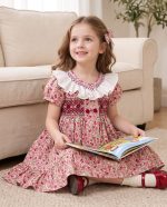 Vintage Floral Ruffle Collar Smocked Dress for Girls