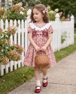 Vintage Floral Ruffle Collar Smocked Dress for Girls