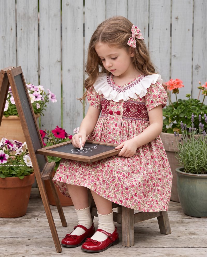 Vintage Floral Ruffle Collar Smocked Dress for Girls